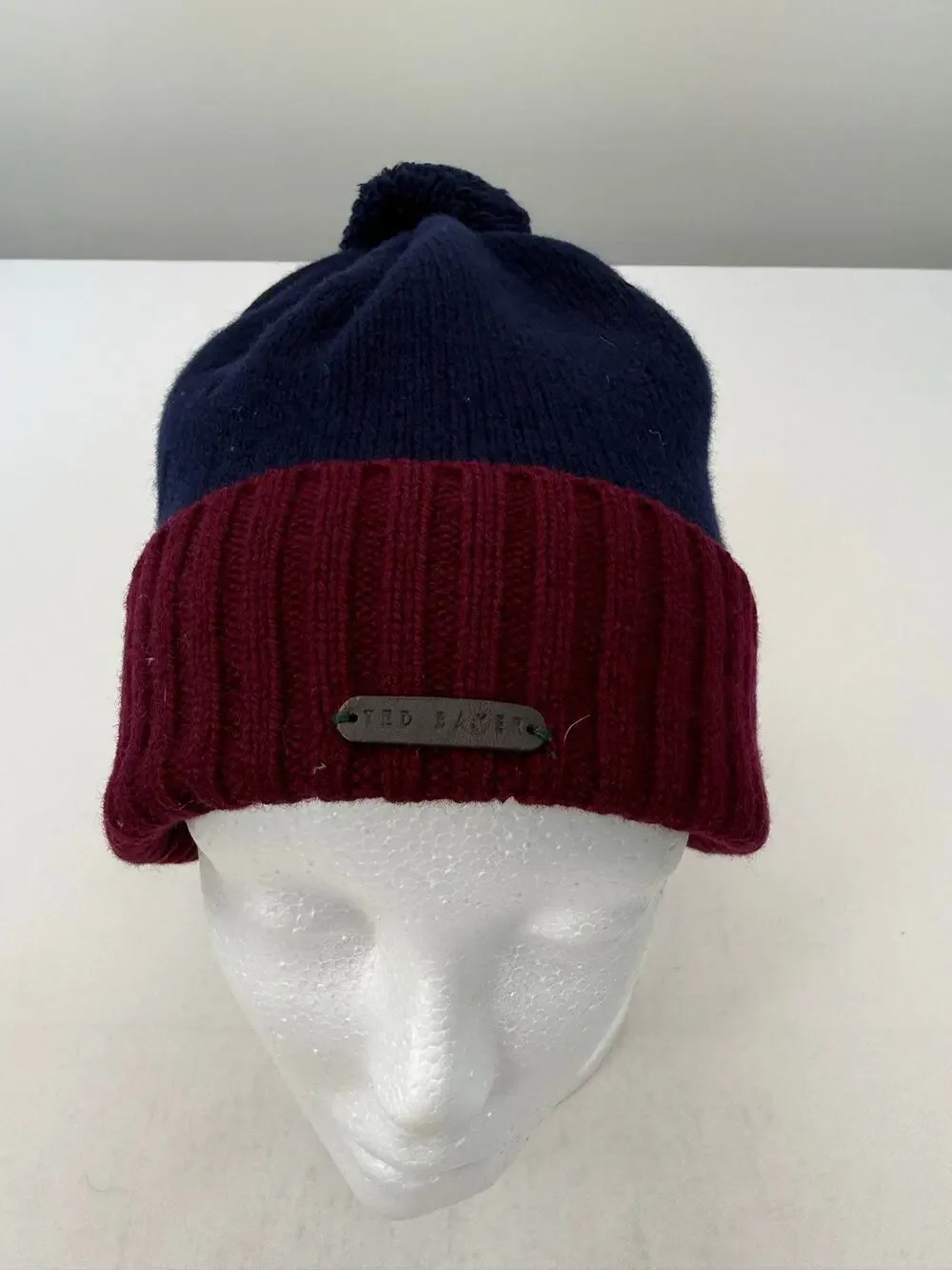 Ted Baker London Navy Burgundy Wool Pom Pom Beanie Hat 100% Wool